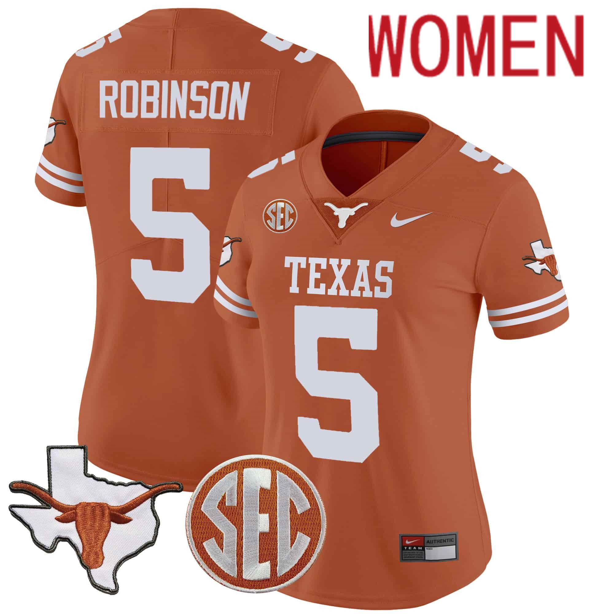 Women Texas Longhorns #5 Robinson Orange 2024 Nike State Map & SEC Patch Vapor NCAA Jersey style 1->women nfl jersey->Women Jersey